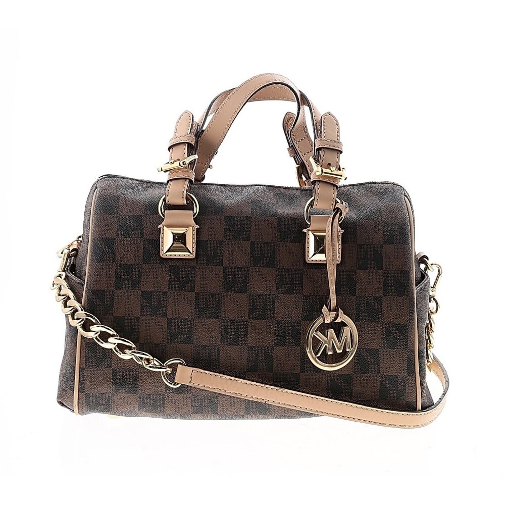 Michael Kors Brown and Black Signature Leather Satchel with Chain Shoulder Strap